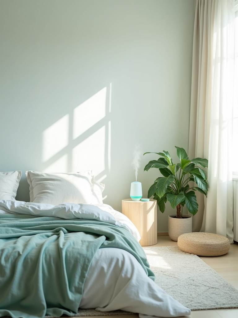 Serene bedroom designed as a wellness retreat with calming colors and natural elements.
