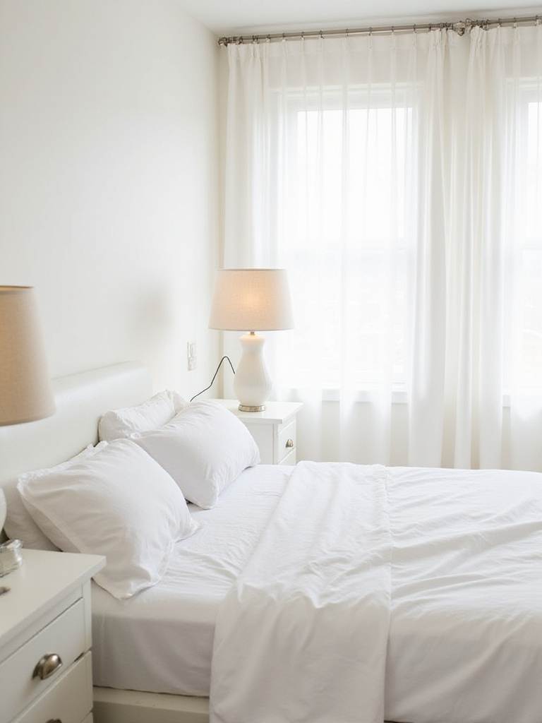 Serene white bedroom with white bed linens and white bedside lamps on matching nightstands.
