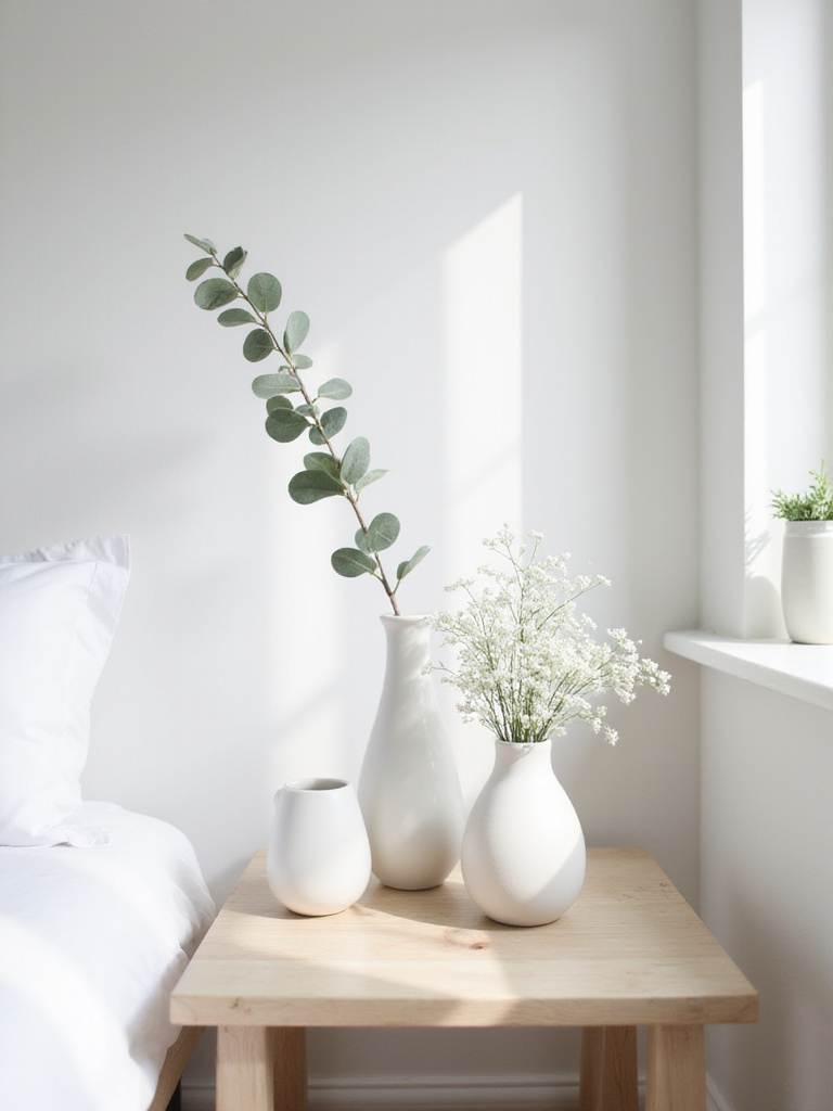 White bedroom with white ceramic vases holding flowers and greenery on a bedside table.