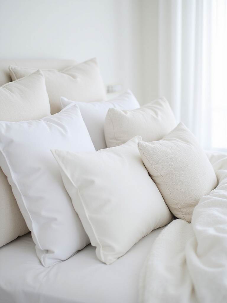 Serene white bedroom with layered white decorative pillows on the bed