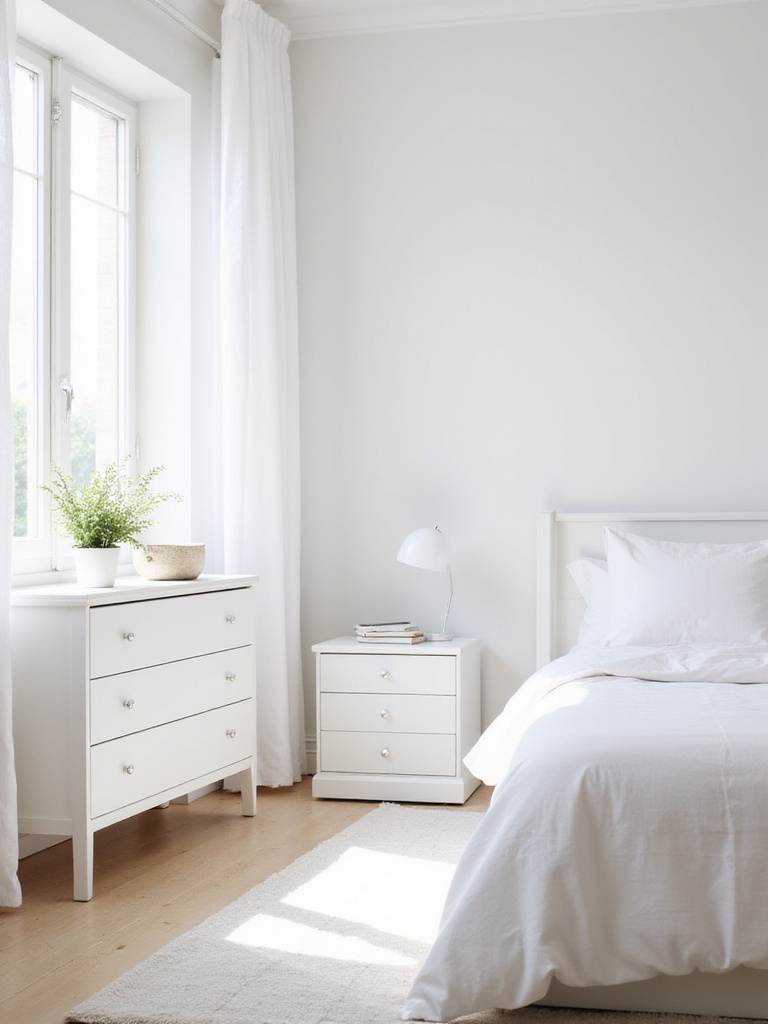 Serene white bedroom featuring matching white dresser and nightstands, creating a cohesive and clean aesthetic.