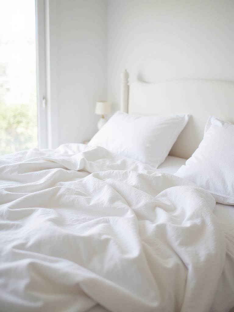 White linen bedding on a bed in a serene white bedroom