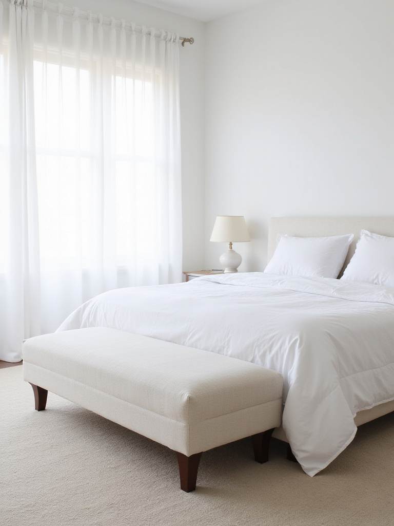 White bedroom with a white linen ottoman at the foot of the bed.