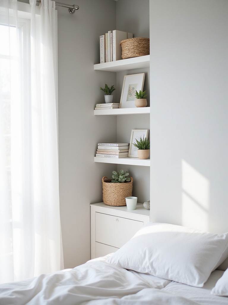 White shelving unit in a serene white bedroom aesthetic, showcasing organized décor and books.