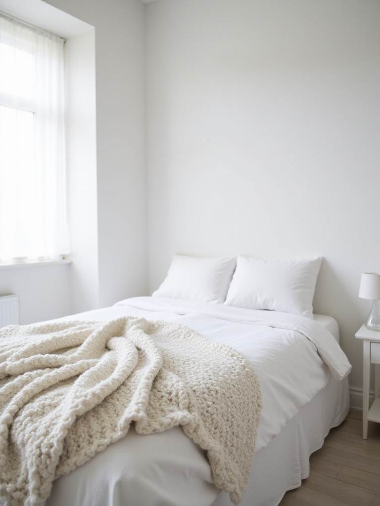 White bedroom aesthetic with chunky knit white throw blanket draped on bed.