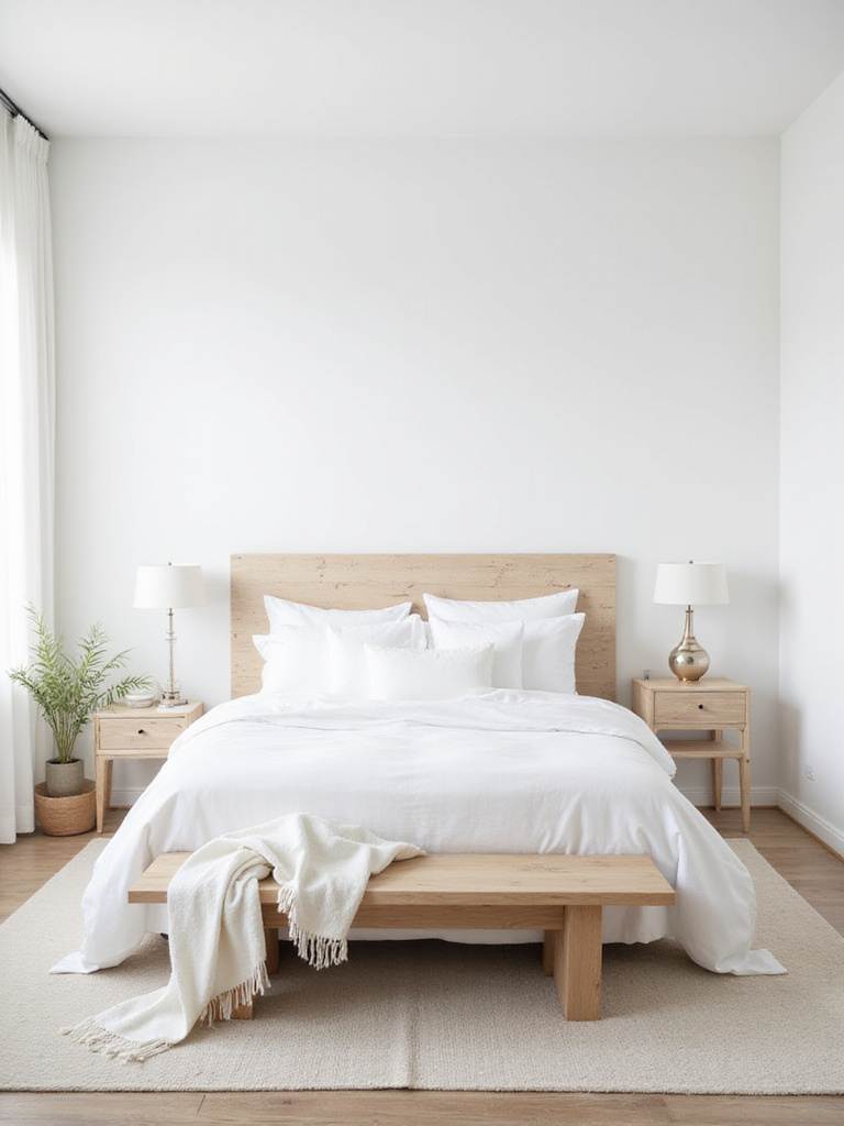 White bedroom with light wood headboard, nightstands, and bench, creating a warm and inviting aesthetic.
