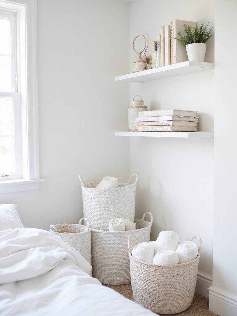 White bedroom aesthetic featuring white woven baskets for storage and rustic charm.