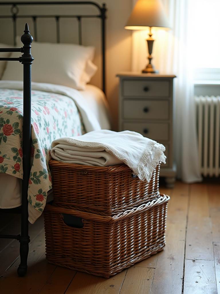 Vintage bedroom with stacked wicker baskets for linen storage