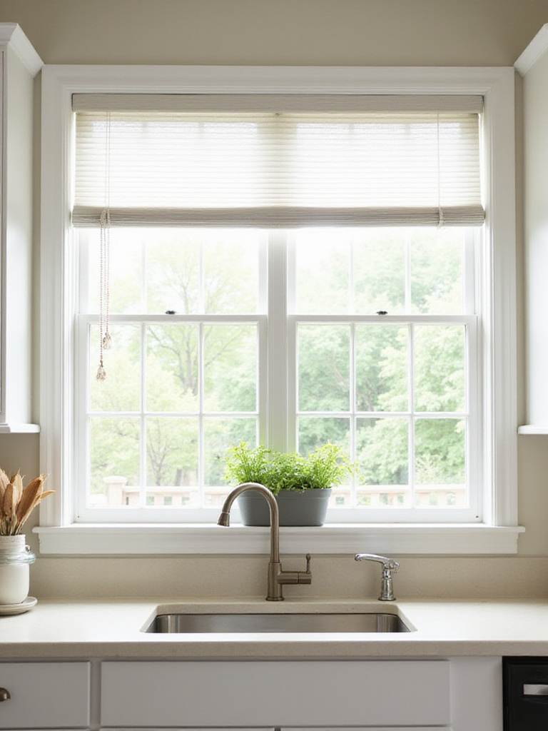 Affordable white faux wood blinds on a kitchen window letting in natural light.
