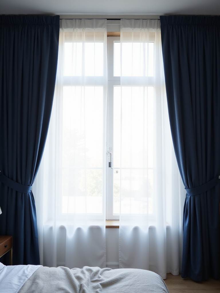 Bedroom window with layered sheer and blackout curtains for light control and privacy.