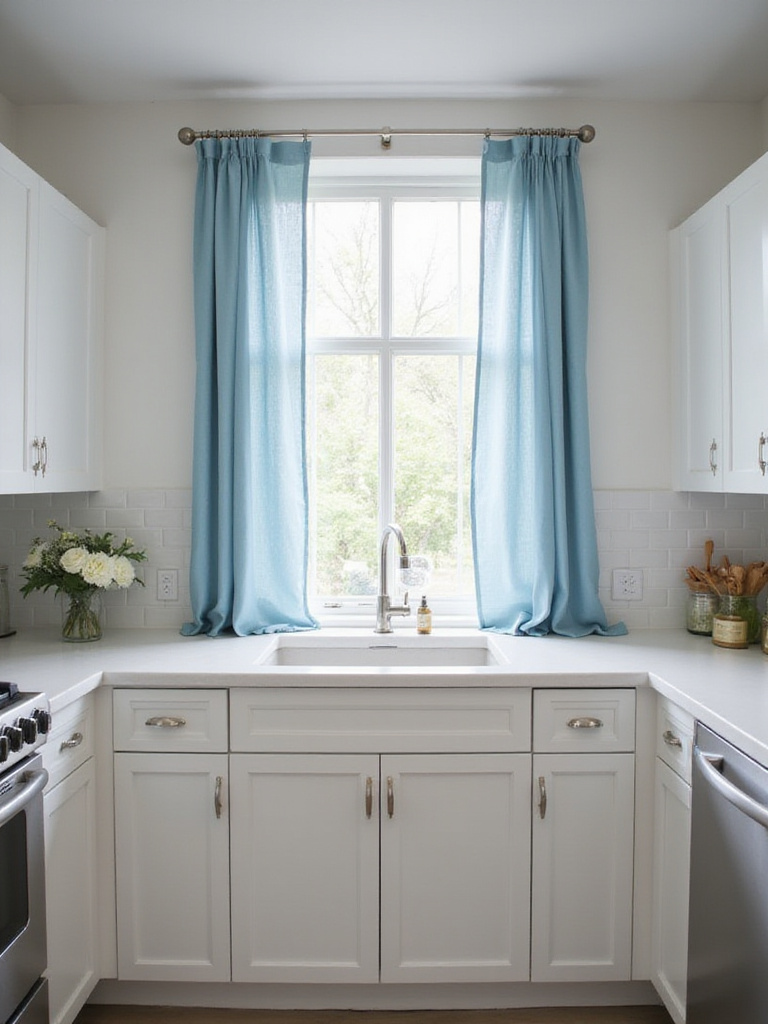 Bright kitchen with white cabinets and light blue linen curtains above the sink.