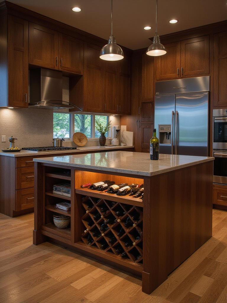 Modern kitchen island with built-in wine rack showcasing wine bottles.