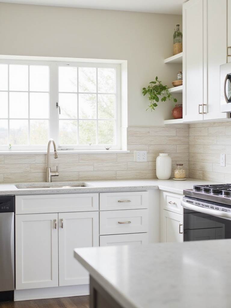 Modern kitchen backsplash featuring light wood-look tile in a staggered pattern.