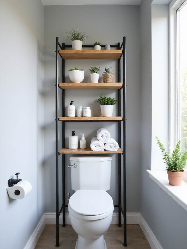 Over-toilet shelf unit with black metal frame and wooden shelves holding toiletries and towels in a modern bathroom.