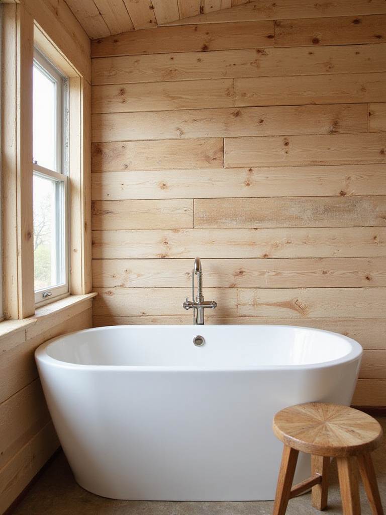 Rustic bathroom with wood plank wall behind freestanding bathtub