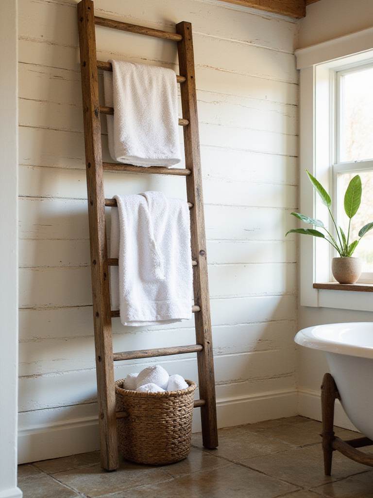 Rustic bathroom with reclaimed wood ladder towel rack holding white towels.