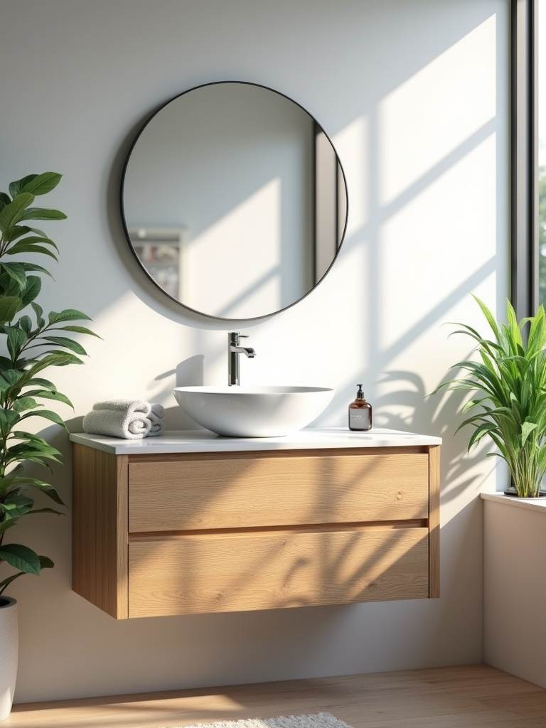 Natural wood vanity with vessel sink in modern bathroom