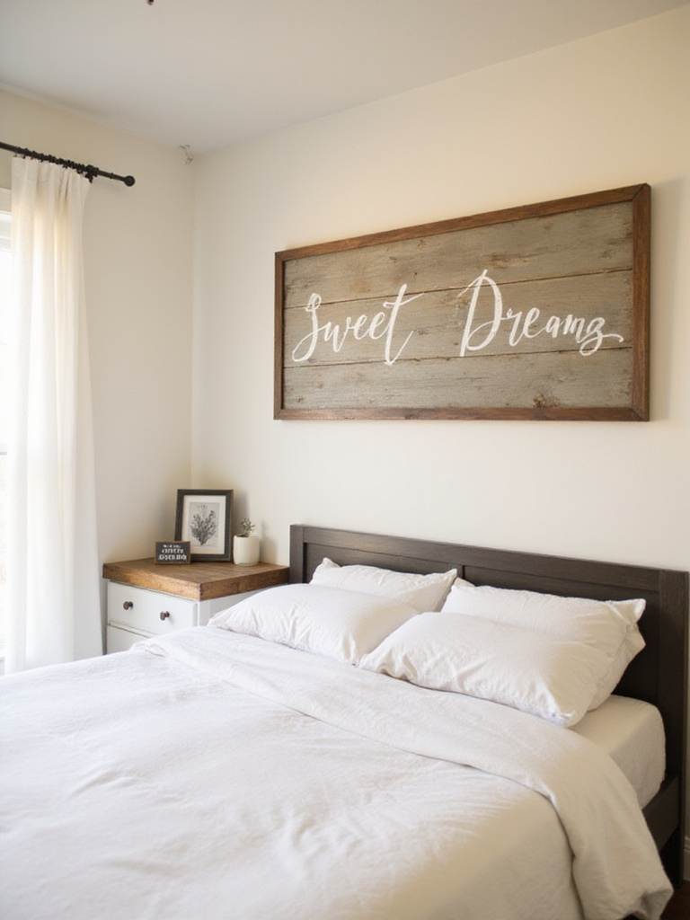Farmhouse bedroom with rustic wood sign above the bed reading Sweet Dreams