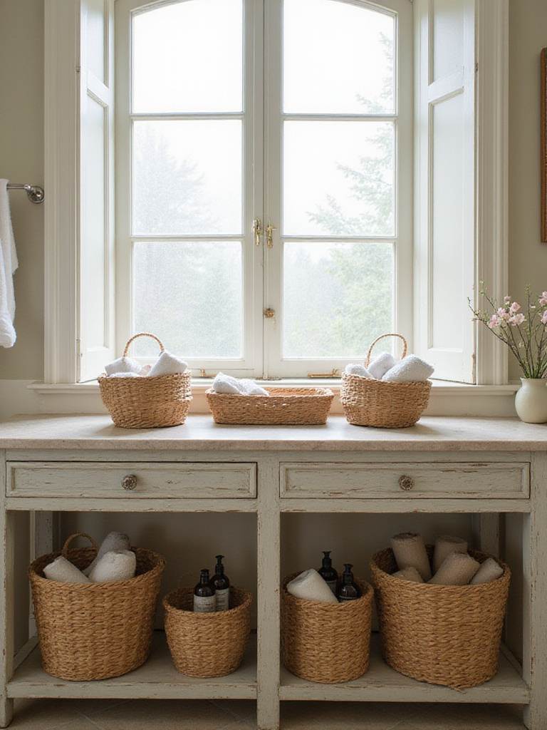 Rustic bathroom with woven baskets used for stylish and practical storage of towels and toiletries.