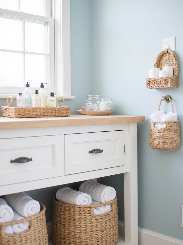 Coastal bathroom with woven baskets and natural fiber storage for towels and toiletries.
