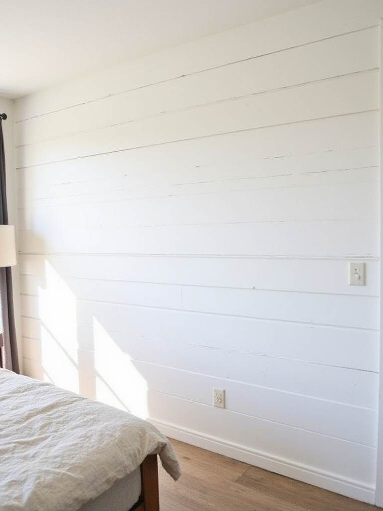 Farmhouse bedroom with white shiplap wall