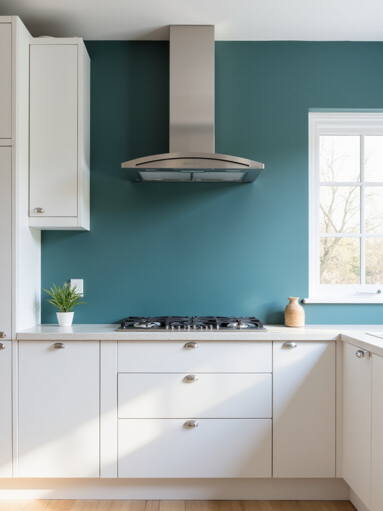 Modern kitchen with a deep teal accent wall behind the stainless steel range hood.