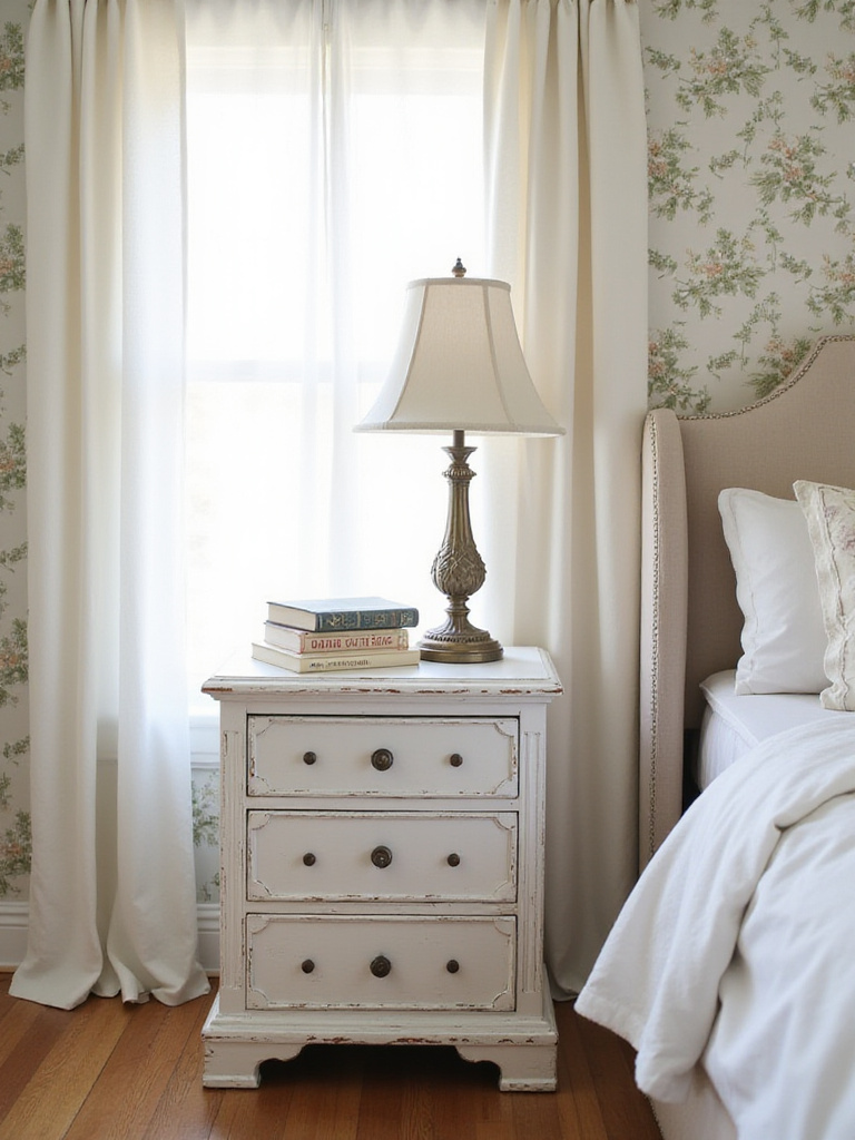 Shabby chic bedroom with distressed white wood nightstand