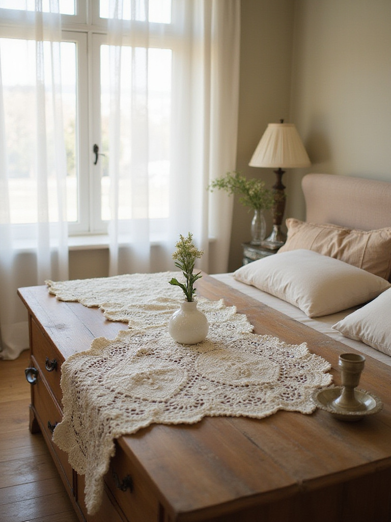 Vintage bedroom with crochet lace doilies and table runner on a wooden dresser.