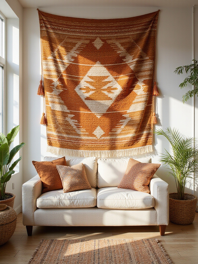 Boho living room with a large handwoven tapestry above the sofa.