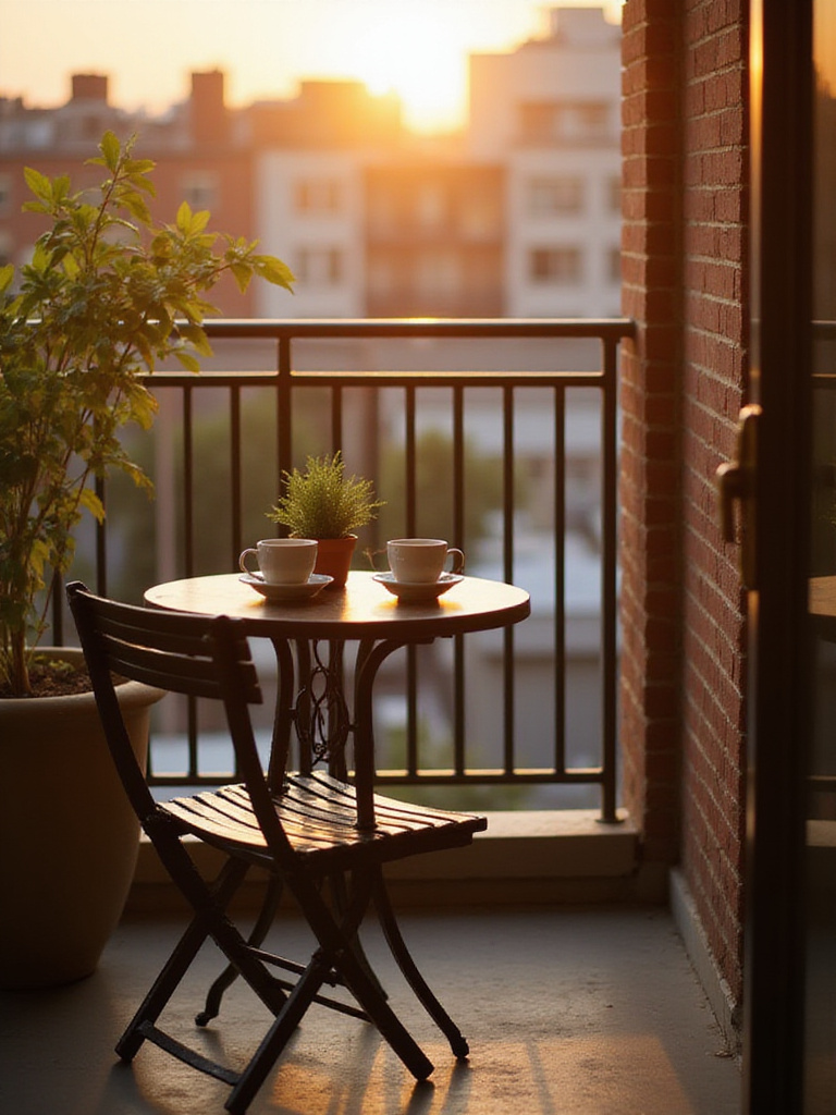 A small, round bistro table on a balcony at sunset, set with coffee cups and a plant, illustrating how a table adds versatility to a small outdoor space.