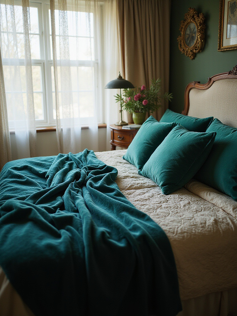 Vintage bedroom with plush velvet pillows and bedding in jewel tones.