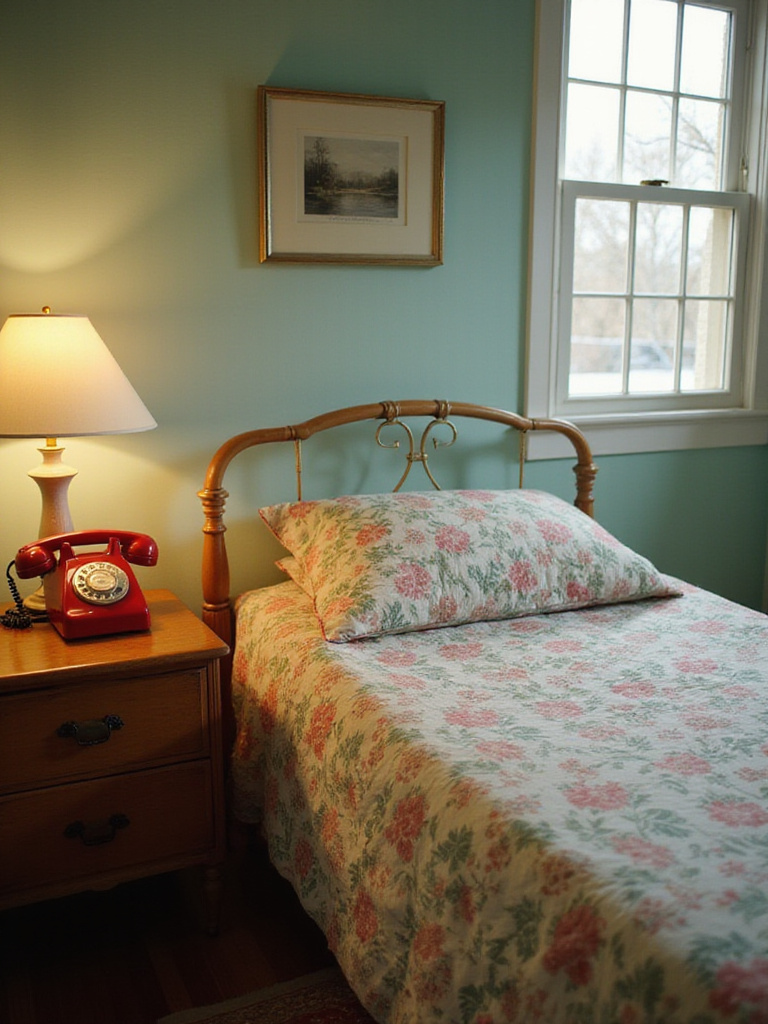 Vintage bedroom decor featuring a red rotary phone on a nightstand.