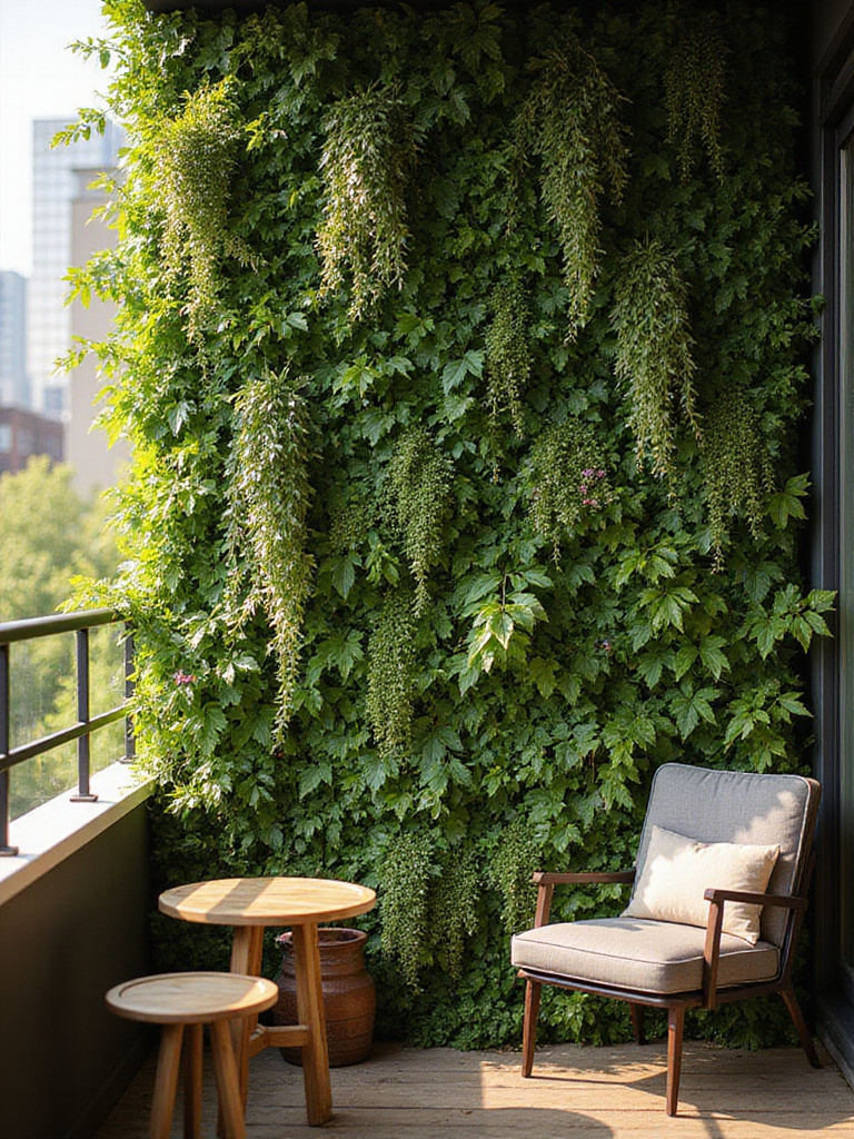 Lush vertical garden covering a wall on a small urban balcony, showcasing a variety of green plants in afternoon sunlight.