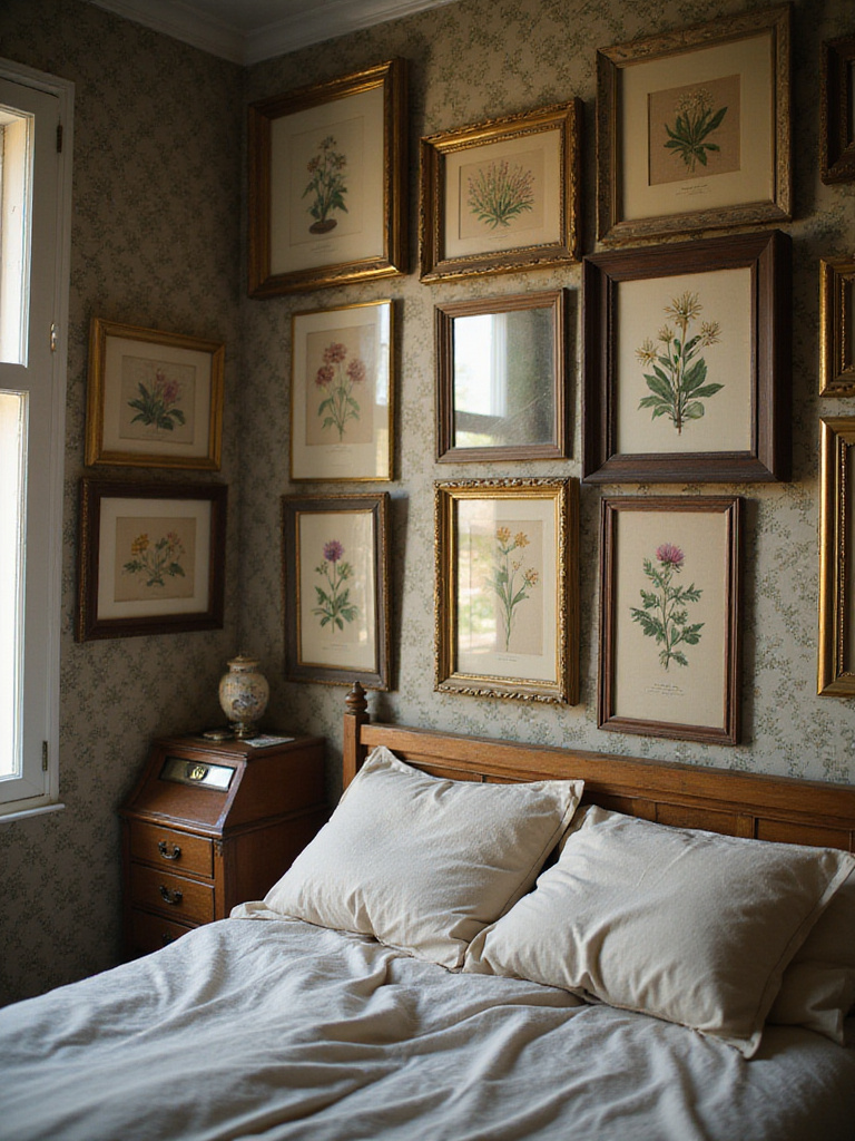 Vintage bedroom wall adorned with framed botanical prints.
