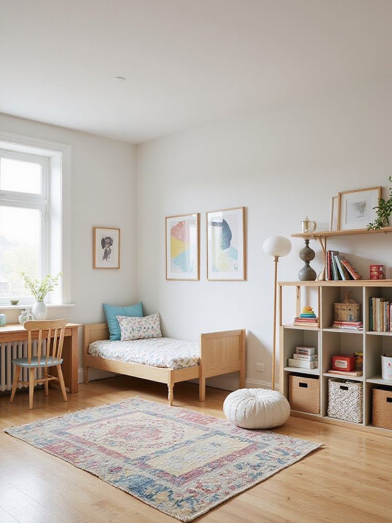 A versatile child's bedroom with neutral walls, adaptable furniture like a modular shelf and simple desk, and colorful, changeable decor elements, designed to grow with the child.