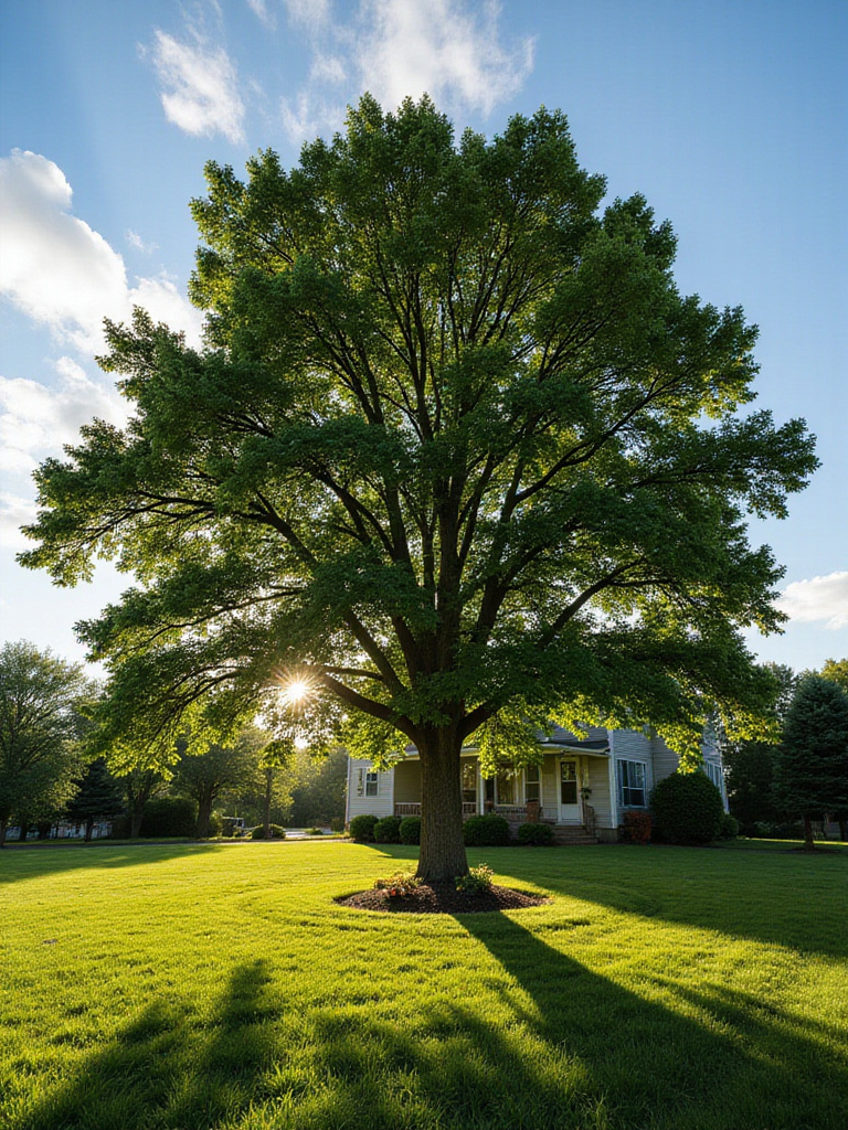 Majestic shade tree providing comfort and beauty in a front yard landscape.