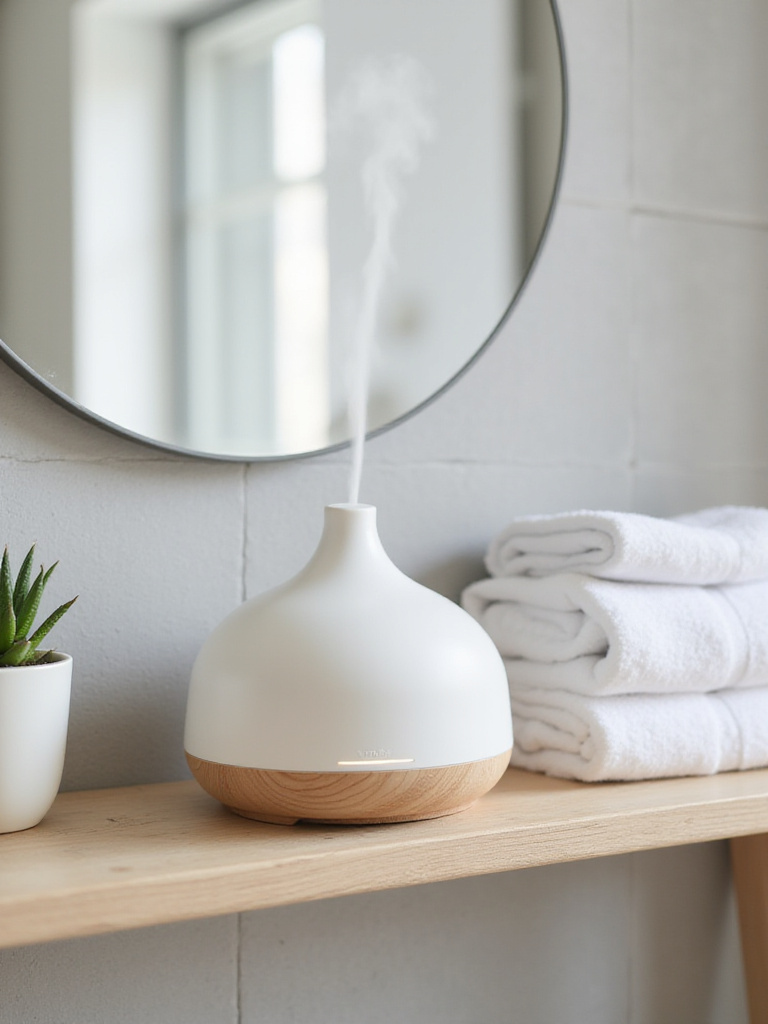 Bathroom shelf with diffuser, succulent, and towels creating a spa-like atmosphere