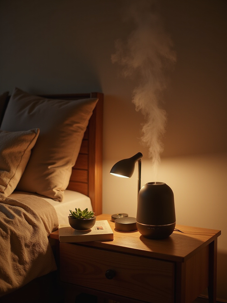 Bedroom scene with aromatherapy diffuser on bedside table for relaxation