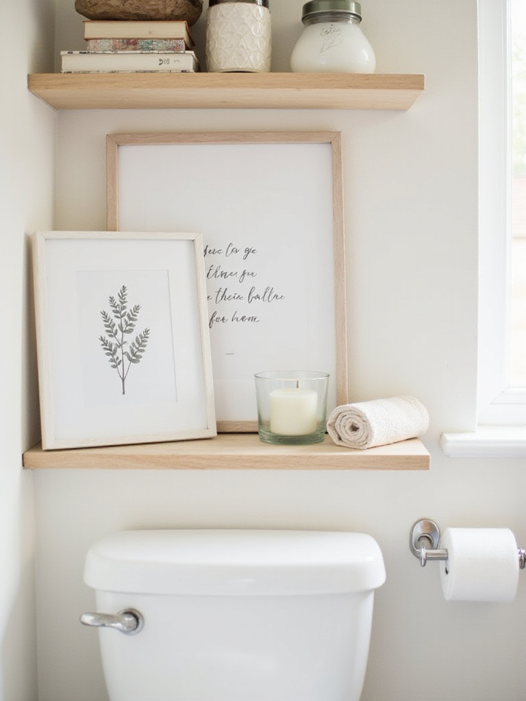 Bathroom shelves decorated with a botanical print and framed quote.