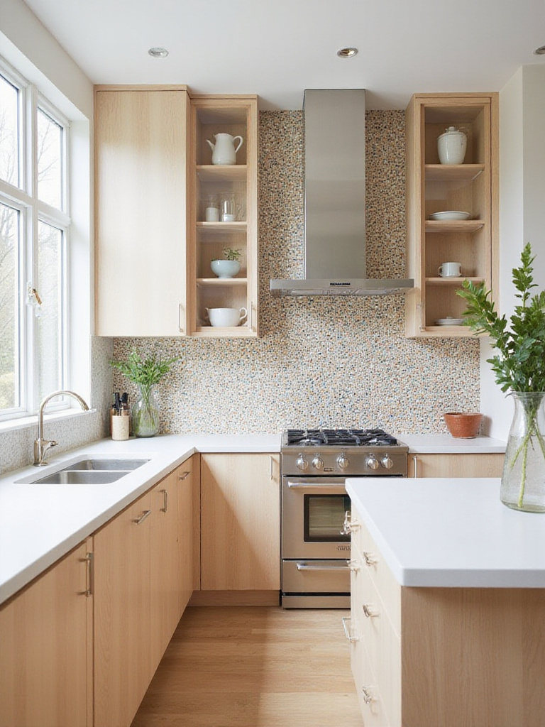 Modern kitchen with a vibrant zellige tile backsplash.