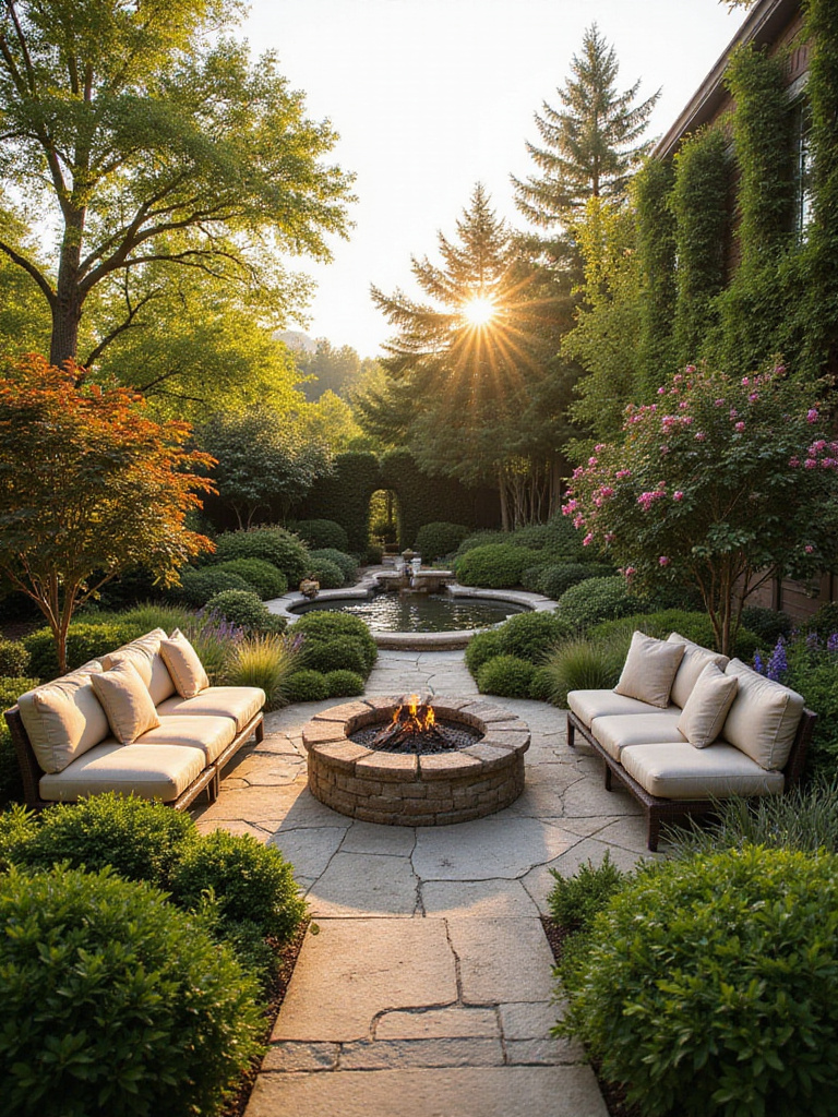 Relaxing backyard oasis with seating area, fire pit, and lush landscaping.