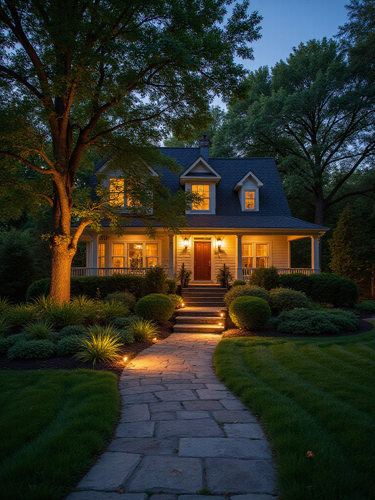 Front yard landscaping illuminated with warm outdoor lighting at dusk, showcasing path lights, uplighting, and porch sconces.