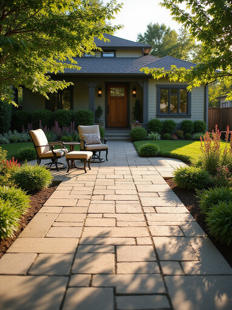 Front yard paver patio extending the living space of a craftsman home.
