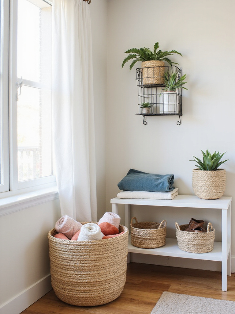 Apartment bedroom corner with stylish basket storage solutions for a tidy and organized space.