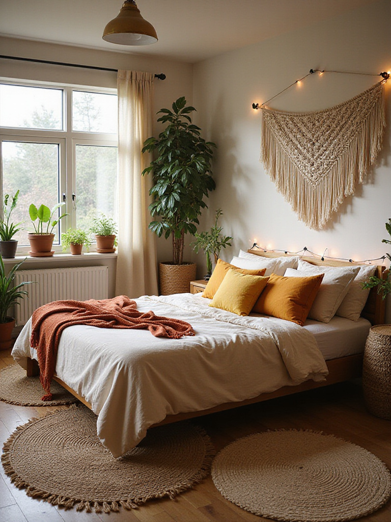 Boho bedroom design with eclectic patterns and textures