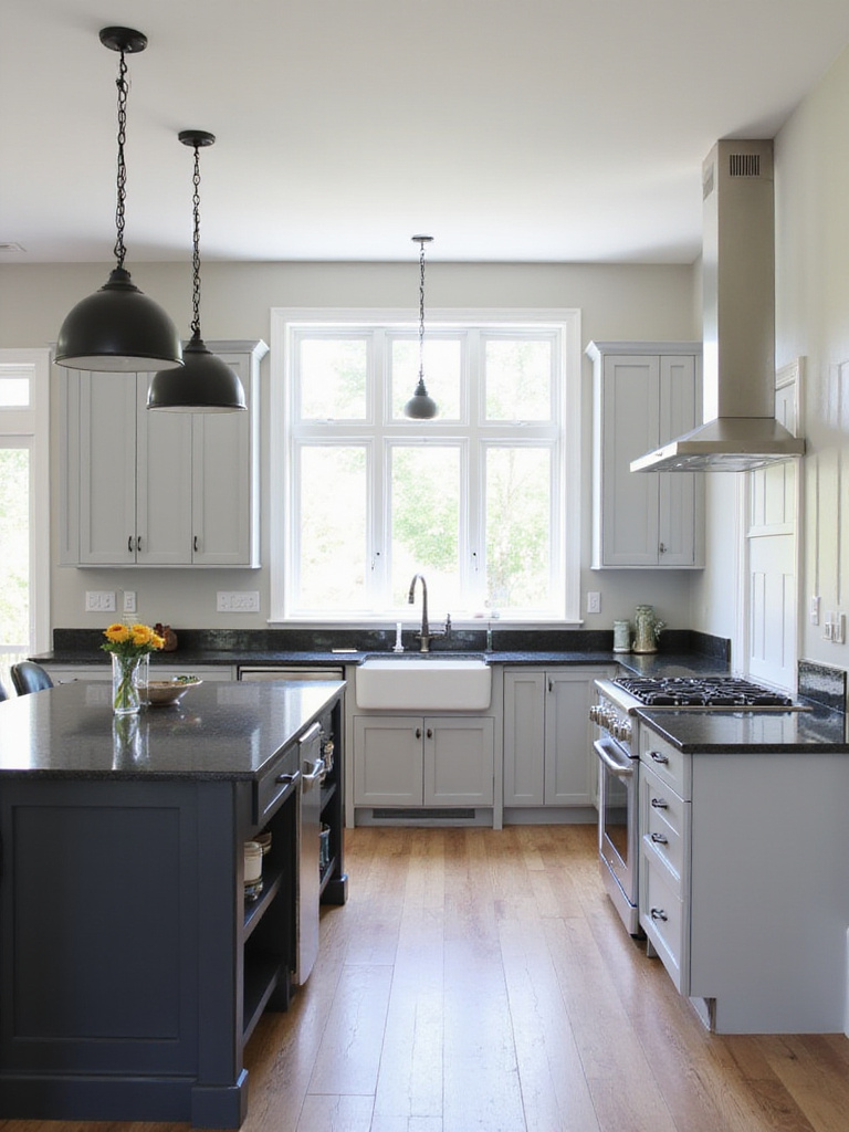 Modern farmhouse kitchen with light gray cabinets and a bold black island with black granite countertops and black pendant lighting.