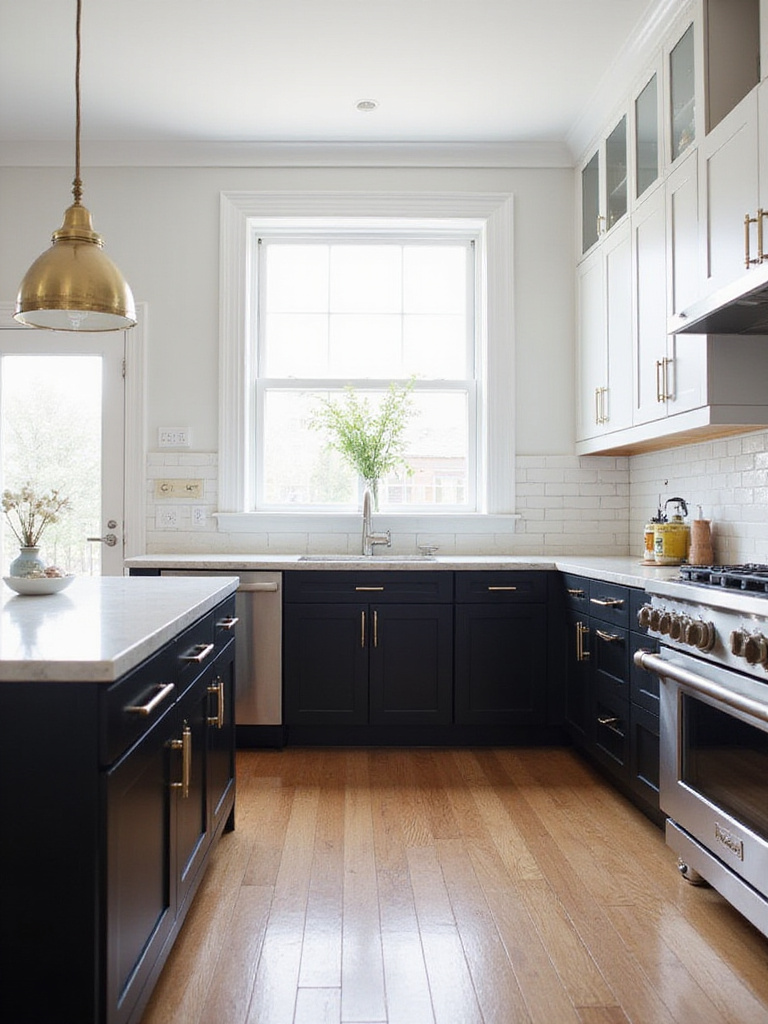 Modern kitchen featuring bold black lower cabinets and white marble countertops.