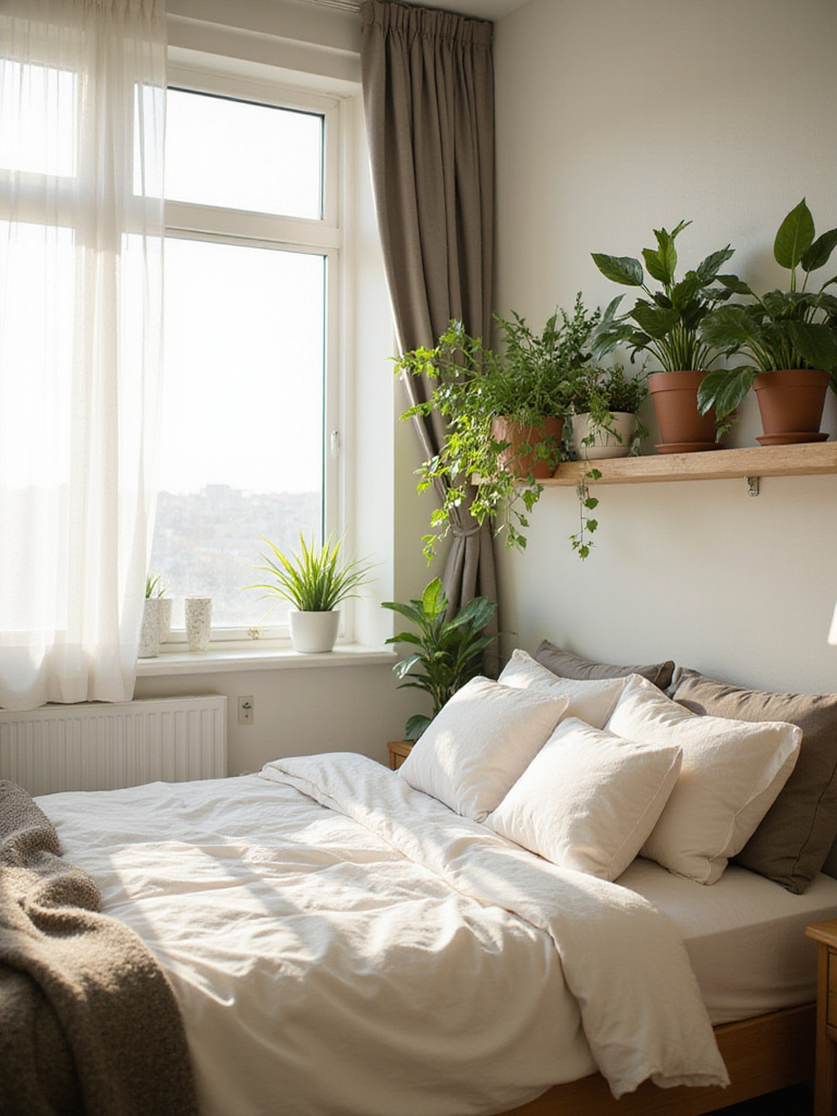 Apartment bedroom decor with indoor plants on shelves and bedside table.