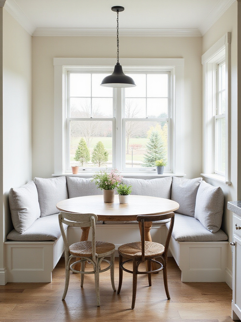 Bright and cozy farmhouse kitchen breakfast nook with banquette seating and round table.