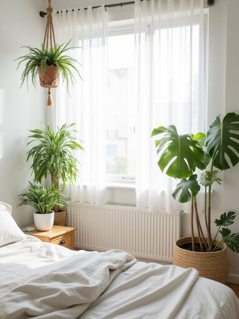 Bedroom interior with plants for a fresh and airy design